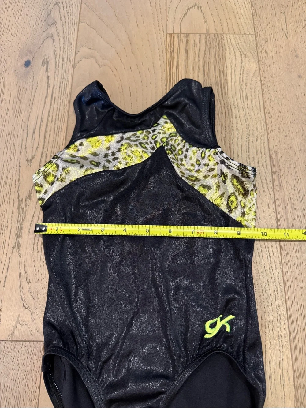 GK Elite Girls Gymnastics Leotard Black Neon Yellow Leopard Print